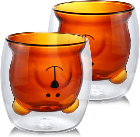 Aibiubiu Cute Bear Tea Cup Double Wall Insulated Glasses Tea Cup Bear Beer Mugs Coffee Mug Couple Glass Mugs Birthday Gifts Interesting Gifts(2Pcs Brown Bear)