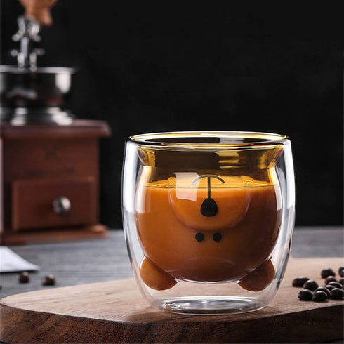 Aibiubiu Cute Bear Tea Cup Double Wall Insulated Glasses Tea Cup Bear Beer Mugs Coffee Mug Couple Glass Mugs Birthday Gifts Interesting Gifts(2Pcs Brown Bear)