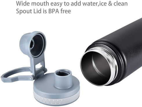 Stainless Steel Vacuum Insulated Water Bottle,Wide Mouth Metal Water Bottle,Black Double Wall with Leak Proof Spout Lid, BPA Free,25oz