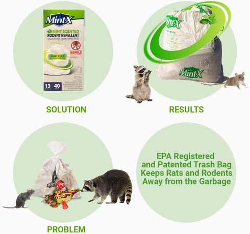 Mint-X MintFlex Rodent Repellent Trash Bags, Tall Kitchen Drawstring Bags, 1 FT 11 ¾ Inches X 2 FT 1 Inch, 0.90 MIL, 13 Gallon, 40 Count