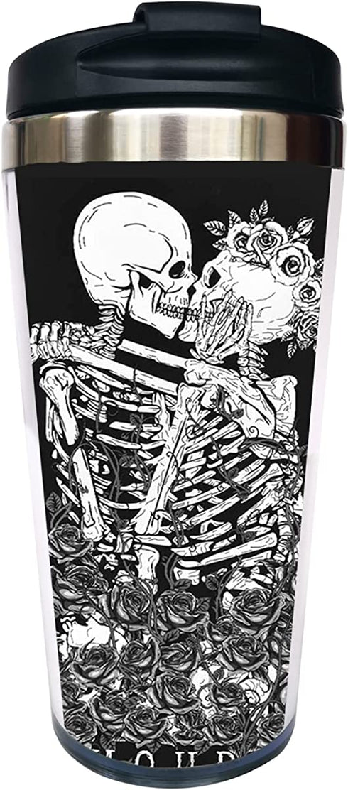 Waldeal The Kissing Lovers Skull Travel Coffee Mug with Flip Lid, Day of The Dead Stainless Steel Valentine's Day Cup for Men Women 15 OZ