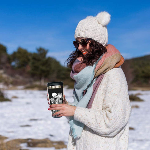 Waldeal The Kissing Lovers Skull Travel Coffee Mug with Flip Lid, Day of The Dead Stainless Steel Valentine's Day Cup for Men Women 15 OZ