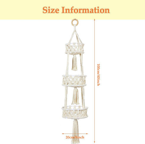 Macrame 3 Tier Hanging Basket Space Saving Hanging Fruit Basket for Kitchen or Decorative Boho Decor Hanging Plant Holder Use for Produce Baskets, Indoor Planter Hangers