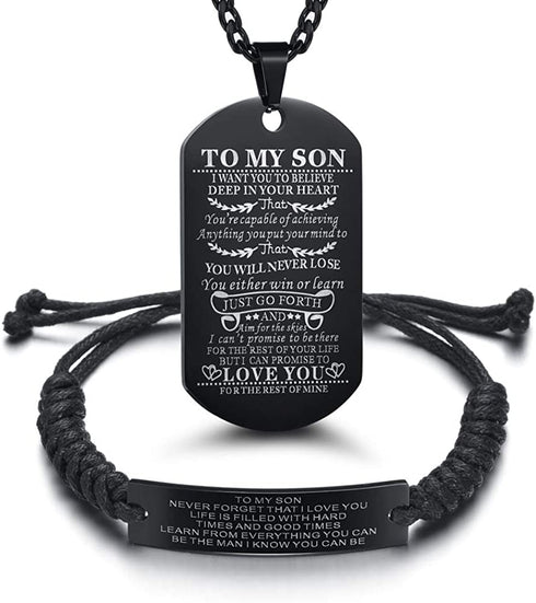 Son Gift Personalized Braided Bracelet from Mom and Dad with Dog Tag Necklace You Will Never Lose Birthday Graduation Valentines Gifts Black Stainless Steel