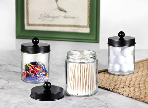 4 Pack Apothecary Jars Bathroom Vanity Storage Organizer Set -Countertop Canister with Stainless Steel Lids &Cute Stickers - Qtip Dispenser Holder for Qtips,Cotton Swabs,Makeup Sponges(Black)