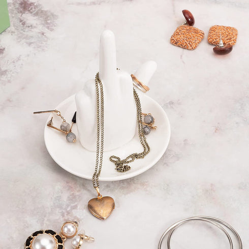 Stephanie Imports White Ceramic Middle Finger Jewelry Ring Dish Tray