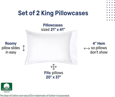 1000 Thread Count, Soft & Smooth, 100% Cotton Sateen Weave, Hotel-Quality, Set of 2 Classic Style White King Pillow Cases Fits King Size Pillows