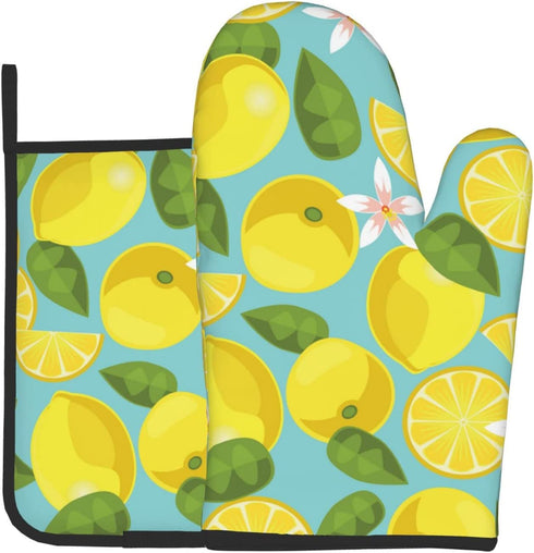 VEIZKUO Lemon Pattern Yellow Oven Mitts Cute Pot Holders Sets for Kitchen Hot Pads Heat Resistant Washable for Counter Table Decorative BBQ Cooking Baking Grilling, One Size