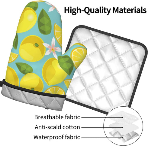 VEIZKUO Lemon Pattern Yellow Oven Mitts Cute Pot Holders Sets for Kitchen Hot Pads Heat Resistant Washable for Counter Table Decorative BBQ Cooking Baking Grilling, One Size