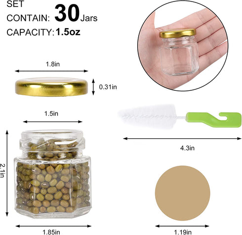 1.5oz Hexagon Mini Glass Jars with Lids,30pcs Honey Jars Small Spice Jars with Stickers, Brush for Baby Showers, Wedding Favors, Party Favors,Herbs, Spices, Jams