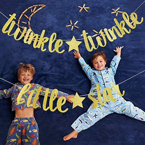 Twinkle Twinkle Little Star Banner, Twinkle Twinkle Little Star Baby Shower Birthday Party Decorations Supplies (Gold Glitter)