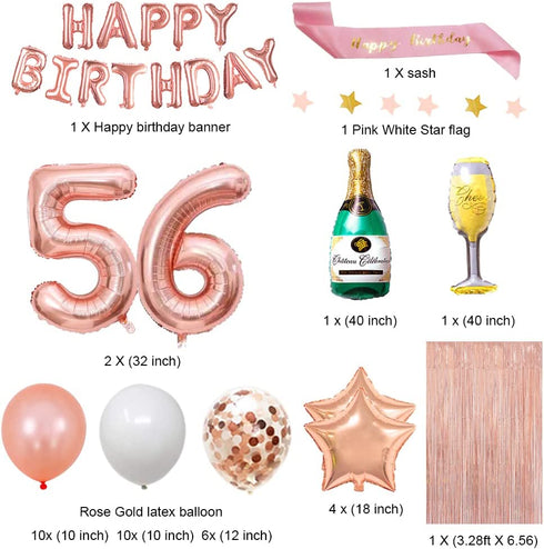 Fancypartyshop 56th Birthday Decorations - Rose Gold Happy Birthday Banner and Sash with Number 56 Balloons Latex Confetti balloons Ideal for Girl and Women 56 Years Old Birthday Rose Gold