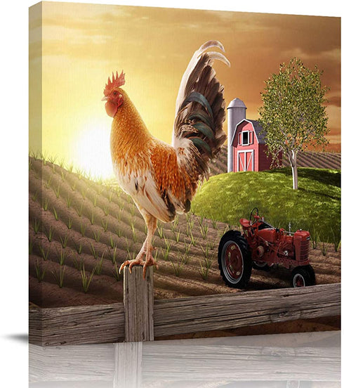 Farm Animal Bathroom Decor Canvas Wall Art Painting,Chicken Cock Rooster Stand on Wood Stake in Farmland Canvas Prints Artwork Home Decor for Living Room, Kitchen, Office, Framed Ready to Hang