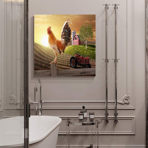 Farm Animal Bathroom Decor Canvas Wall Art Painting,Chicken Cock Rooster Stand on Wood Stake in Farmland Canvas Prints Artwork Home Decor for Living Room, Kitchen, Office, Framed Ready to Hang