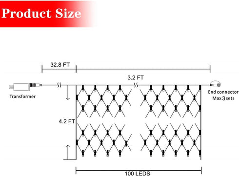 Net Outdoor Mesh Lights,100 LEDs 3.2ft x 4.2ft Connectable Waterproof String Lights for Christmas Halloween,Bushes,Holiday,Party,Garden,Patio Decorations(Cool White)