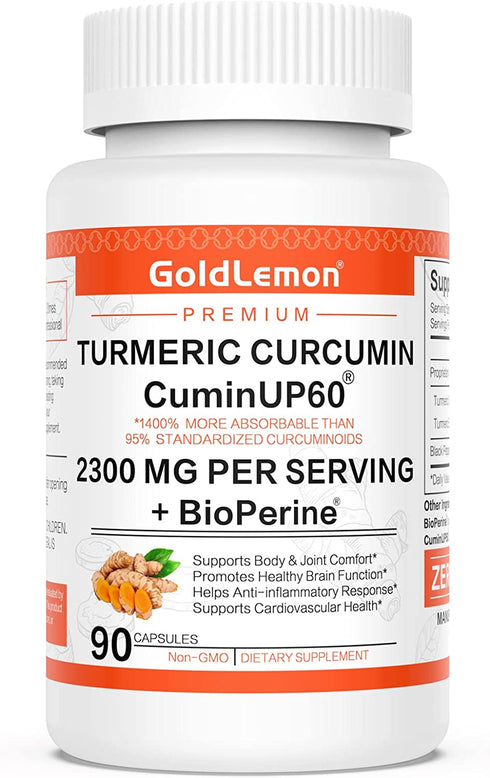 Turmeric Curcumin with Black Pepper & Ginger 2300 MG, GOLDLEMON Anti Inflammatory Supplement with BioPerine & CuminUP60-Curcuma Longa Extract-Gluten Free, Non GMO, No Side Effects-90 Capsules