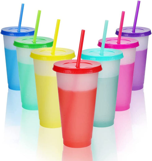 Color Changing Cups Tumblers with Lids Straws - 7 Reusable Bulk Tumblers Plastic Cold Cups for Adults Kids 24oz Tumbler