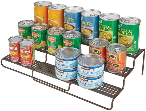 mDesign Adjustable, Expandable Kitchen Wire Metal Storage Cabinet, Cupboard, Food Pantry, Shelf Organizer Spice Bottle Rack Holder - 3 Level Storage - Up to 25" Wide - Bronze