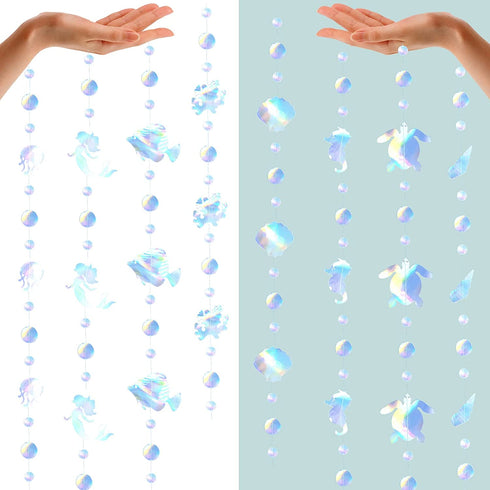 60ft Under the Sea Party Decorations Garland - 8 String Iridescent Mermaid Streamers with Mermaid Jellyfish Shell Conch Hippocampus for Little Mermaid Party Ocean Birthday Baby Shower Decorations