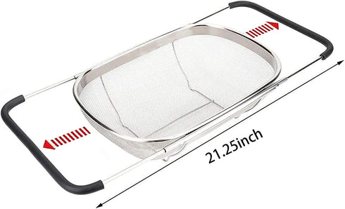 Over The Sink Stainless Steel Oval Colander with Expandable Rubber Grip Handles Strainers, Fine Mesh Strainer Basket Kitchen 6 Quart Colander for Strain, Drain, Rinse Fruits, Vegetables