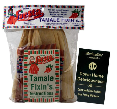 Bolner's Fiesta Extra Fancy Tamale Fixin's Seasoning Kit Plus Recipe Booklet Bundle | Makes 5 Dozen | Masa and Meat Seasoning, and Leaf by Leaf Corn Shucks (13 Ounces)