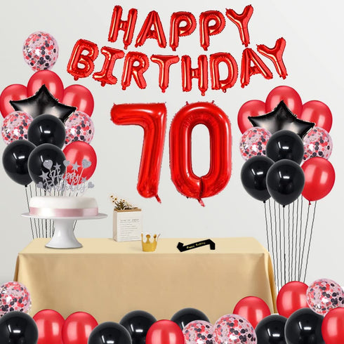 Fancypartyshop Fancy 70TH Birthday Party Decorations Supplies Red Black Later Balloons Happy Birthday Cake Topper Sash Foil Black Curtains Foil Star Balloons Number Red 70
