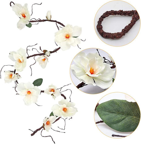 6.1 Ft Artificial Magnolia Flower Garland Hanging for Wedding Arch Wall Backdrop Home Garden Decoration (White)