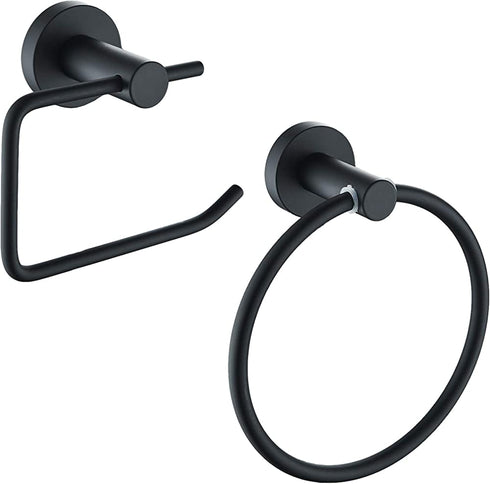 Cavoli Bathroom Accessories Set 2-Piece Aluminum Towel Ring, Toilet Paper Holder, Rustproof Wall Mounted Matte Black Finish
