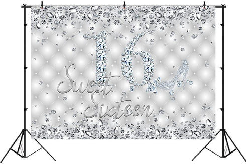 Lofaris Sweet 16 Birthday Party Backdrop Glitter Sliver High Heels Diamond Birthday Background Girls Sweet Sixteen Birthday Party Decorations Banner Photo Booth Props 7x5ft