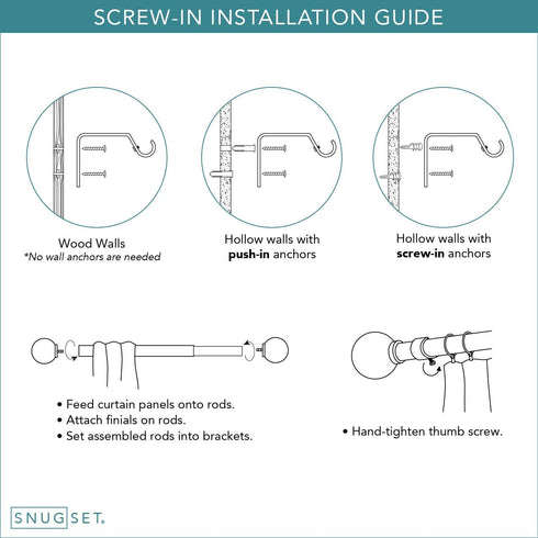 SnugSet | Quick Easy Installation | No Tools Option | 72-144" Adjustable | 1" Dia. Durable Steel Rod | Supports Heavy Fabrics | Decorative Knob Finial Black