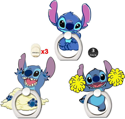 ZOSTLAND 3PCS Play Fun Have Happy Blue Alien Stitch Phone Ring,Universal 360°Adjustable Phone Case Finger Grip Stand Holder Desk Stent Mount Car Hook Compatible with iPhone 13 12 11 XS MAX X Plus iPad