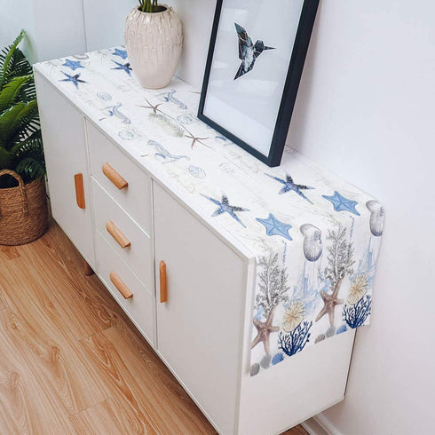 Undersea Starfish Shell and Seahorse Table Runner Dresser Scarves,Linen Burlap Table Runners Cloth for Dinner Holiday Party, Kitchen Decor Coastal Nautical Anchor 13x90inch