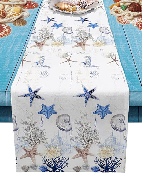 Undersea Starfish Shell and Seahorse Table Runner Dresser Scarves,Linen Burlap Table Runners Cloth for Dinner Holiday Party, Kitchen Decor Coastal Nautical Anchor 13x90inch