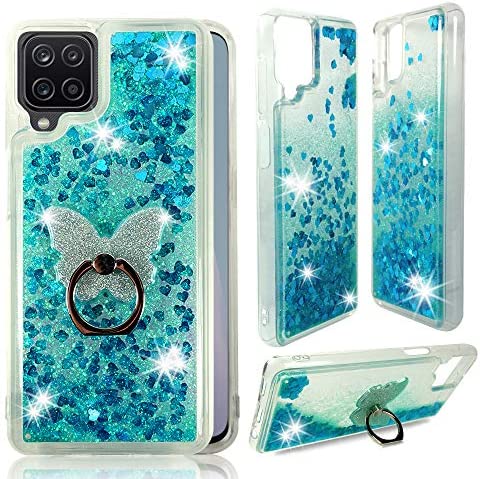 ZASE Samsung Galaxy A12 Clear Case Liquid Glitter Sparkle Bling Compatible w/Galaxy A12 6.5 inch 2021 Cute Girls Women Protective Flexible Cover Floating Quicksand w/Phone Ring Stand (Teal Blue)