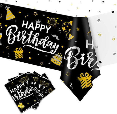 Happy Birthday Decorations, 6pcs Black and Gold Birthday Tablecloth for Men Women, Plastic Disposable Rectangle Table Cover for 90th 80th 70th 60th 50th 40th 30th Birthday Party Decor- 54" x 108"