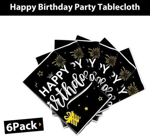 Happy Birthday Decorations, 6pcs Black and Gold Birthday Tablecloth for Men Women, Plastic Disposable Rectangle Table Cover for 90th 80th 70th 60th 50th 40th 30th Birthday Party Decor- 54" x 108"