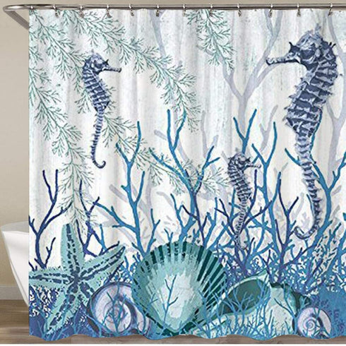 VAMIX Shower Curtain,Sea Shells Seahorse Starfish Pattern Blue Ocean,Polyester Fabric Waterproof Bath Curtains Hooks Included - 72 x 72 inches