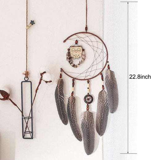 WEAGO Unique Owl Dream Catchers for Hanging,Half Circle Moon Net Dream Catcher,Wooden Beads& Owl Feather with Small Circle Pendant Dream Catchers,Wall Hanging Decoration Bedroom Home Ornament Gift