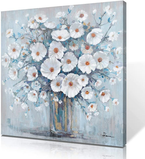 Blue Bathroom Wall Art Decor: White Flower Grey Vase Bottle Pictures For Bathroom Wall Decor Kitchen Gallery Framed Print Ready to Hang for Farmhouse Decorations 13.5x13.5inch