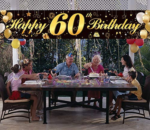 Happy 60th Birthday Banner,Birthday Party Sign Backdrop Banner For Men Women Cheer to 60 Years,Durable Black&Gold Glitter Birthday Sign Yard Sign For 60th Birthday Party Decoration Supplies(60 Black)