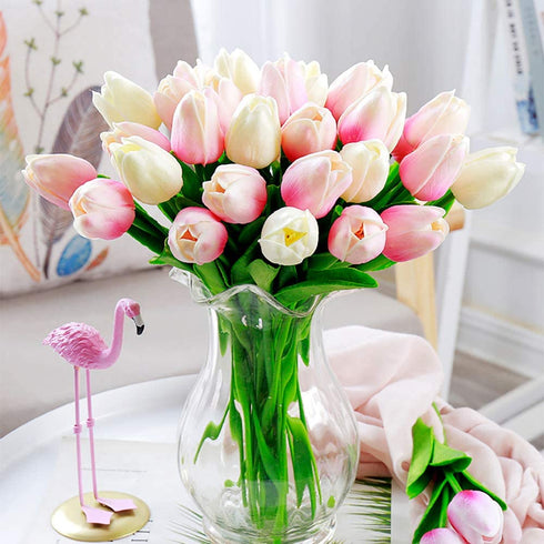 24PCS Pink Tulips Artificial Flowers Decoration Touch Light Pink Tulips Fake Flowers for Tulip Flower Arrangements Home Decoration Wedding Bridal Bouquet Party Baby Shower Centerpieces (Light Pink)