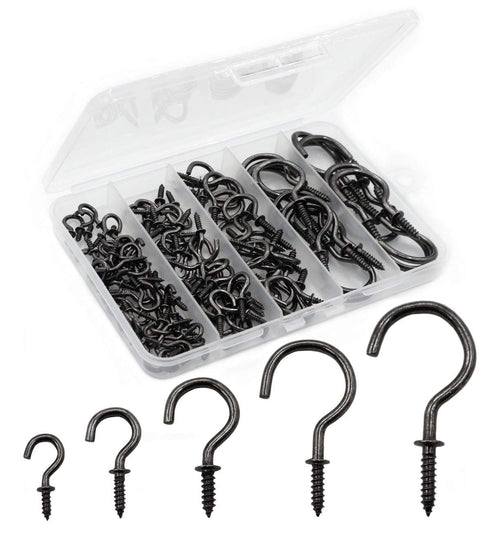 IDEALSV Black Bronze Screw in Cup Hooks Kit 115 Pack 1/2" 5/8" 7/8" 1-1/4" 1-1/2" Ceiling Hooks Plants Hanger Christmas Lights Hooks Hanging Jewelry Hooks Mugs Hooks 5 Size Outdoor/Indoor Use