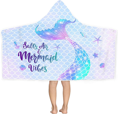 Bonsai Tree Mermaid Kids Hooded Beach Towel, Mermaid Tail Microfiber Hooded Poncho Towel for Girls 30?x50?, Mermaid Scales Pink Soft Absorbent Bath Towels Bathrobe with Hood for Swin Pool