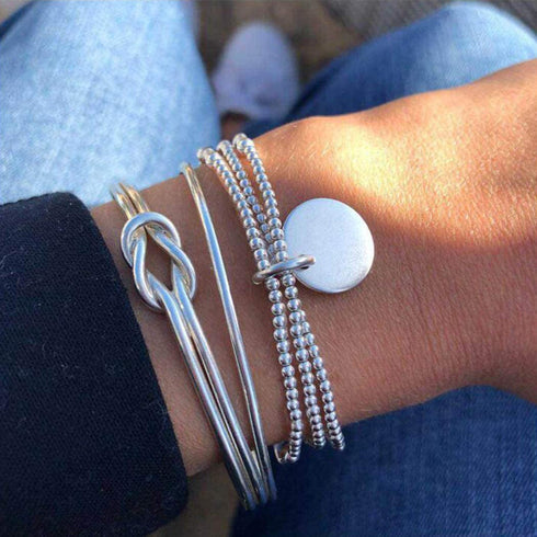 Haloty Boho Layered Knot Bangle Stackable Bracelets Silver Dainty Coin Beaded Hand Jewelry for Women and Girls 5Pcs (Coin)