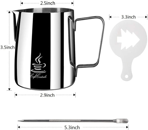 FlamGen Milk Frothing Pitcher 12 oz/350ml, Espresso Steaming Pitcher with Tick Mark, Decorating Art Pen, 16PCS Coffee Decorating Stencils