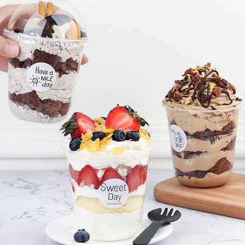 50 Pack 12oz Clear Plastic Cups with Dome Lids (No Hole), Crystal PET Disposable Dessert Cups for Parfait Ice Cream Fruit Iced Cold Drinks