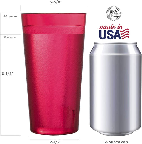 Cafe Break-Resistant Plastic 20oz Restaurant-Quality Beverage Tumblers | Set of 16 in 4 Assorted Colors.