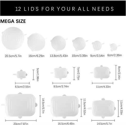 12PCS Round and Square Silicone Stretch Lids,BPA Free Different Sizes Bowl Lids Food Cover Reusable Keep Food Freshing