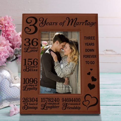KATE POSH 3rd Anniversary, 3rd Wedding Anniversary, 3 Years Anniversary, Three Years of Marriage, Third Anniversary Engraved Rawhide Leather Picture Frame (4x6-Vertical)