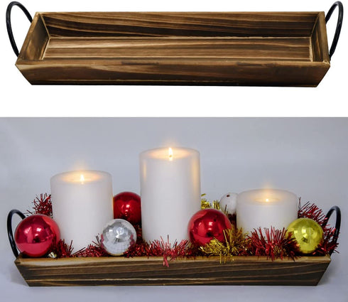 Aglary Wood Candle Holder with Metal Handle , Rustic Table Centerpiece Rectangle Decorative Tray for Display Candle, Dining Table, Wedding